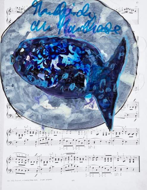 Mondhase an Mondfisch, Übermalung einer Partitur, Tusche auf Papier, 34 x 27 cm, 2022